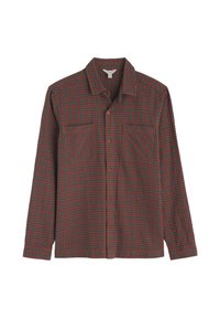 Langarmshirt in donkerrood en groen geruit patroon, gemaakt van zachte stof, met twee voorzakken en een knoopsluiting kraag.