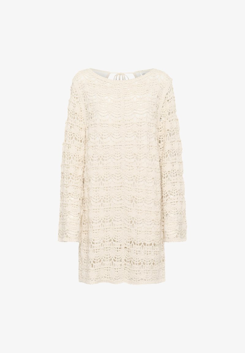 Spitzenoberteil in Off-White mit langen Ärmeln, das ein gewelltes Muster und eine Schleifenverschluss auf der Rückseite aufweist. Strukturiertes, offenes Maschen-Design.