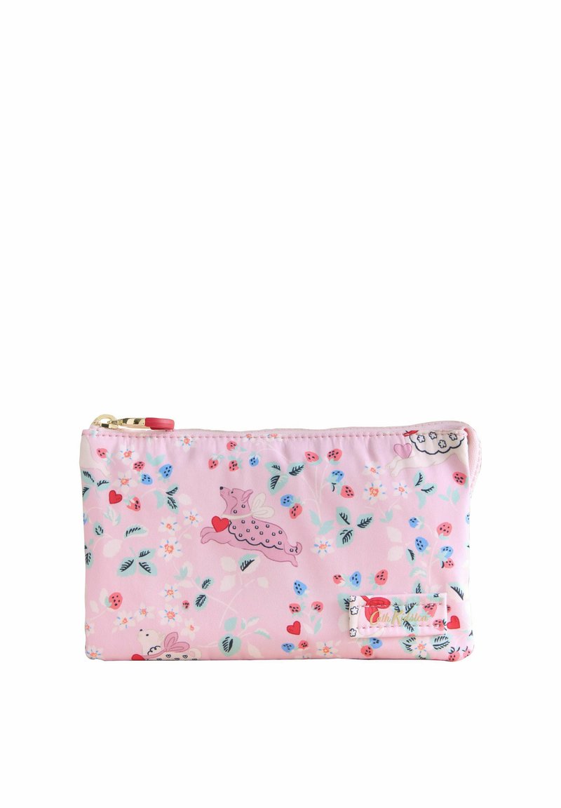 Růžové obdélníkové pouzdro na zip s hravým vzorem létajících prasátek, srdcí, květin a berušek, s malou textilní značkou na přední straně.