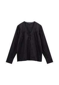 Blusa nera a maniche lunghe con scollo a V, caratterizzata da ricami decorativi, pizzo lungo il collo e le maniche, e dettagli con bottoni frontali.