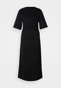 Μαύρο μάξι φόρεμα από βαμβάκι με κοντά μανίκια, στρογγυλή λαιμόκοψη και ραφές στη μέση, με λεία υφή και απλό σχέδιο.