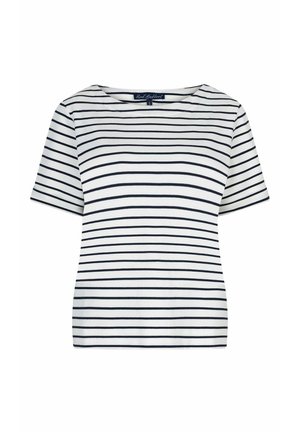 Hvid kortærmet skjorte med sorte vandrette striber, rund halsudskæring og et lille størrelsesmærke med "S" indeni kraven.