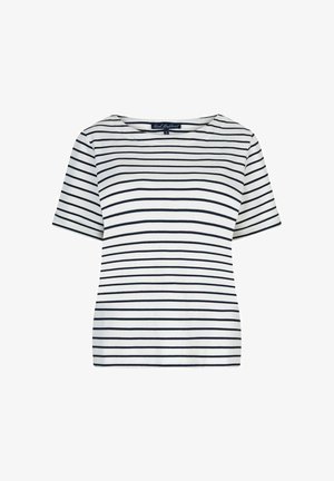 Hvid kortærmet skjorte med sorte vandrette striber, rund halsudskæring og et lille størrelsesmærke med "S" indeni kraven.