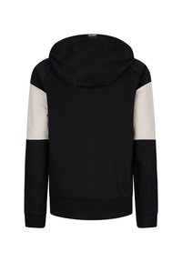 Schwarzer Kapuzenpullover mit grauen und weißen Panelakzenten an den Ärmeln. Verfügt über gerippte Bündchen und Saum, einen weichen Stoff und einen lockeren Schnitt.