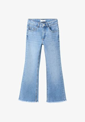 Light blue, high-waist denim jeans with a slightly flared leg and frayed hem, featuring front pockets and a button closure.
