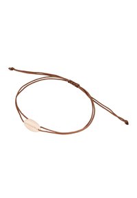 Verstelbare armband met een bruine koord en een centrale witte schelpparel. Kenmerkt zich door een eenvoudige, minimalistische uitstraling met slipknoop-sluitingen.