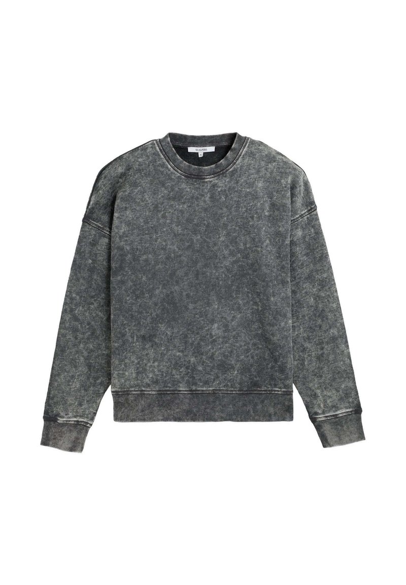 Grijze, oversized sweatshirt met een gestructureerde, gewassen afwerking. Ribbelboord bij de hals en manchetten, met subtiele vervaging en verstevigde naden.