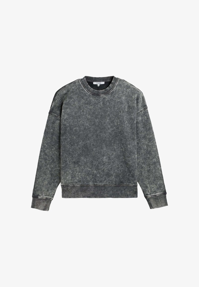 Sweatshirt gris surdimensionné avec une finition texturée et délavée. Col rond et poignets côtelés, avec des dégradés subtils et des coutures renforcées.