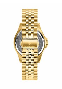 Orologio in acciaio inox dorato con un design del bracciale texturizzato, cassa rotonda e un logo Maserati prominente sul retro.