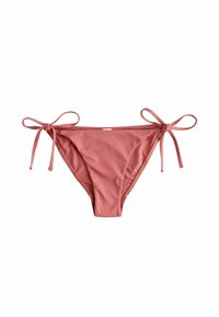 Roze bikinionderdeel gemaakt van gladde stof met verstelbare strikjes aan weerszijden, met een klassieke snit en zonder extra patronen.
