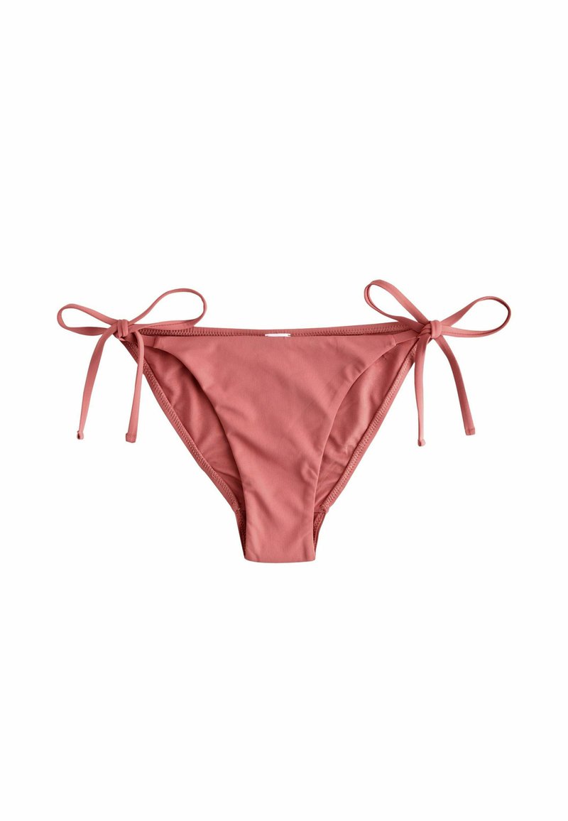 Roze bikinionderdeel gemaakt van gladde stof met verstelbare strikjes aan weerszijden, met een klassieke snit en zonder extra patronen.