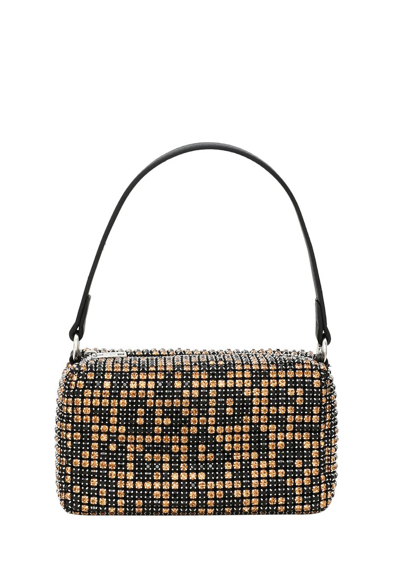 Schwarze rechteckige Handtasche mit goldenen Verzierungen, versehen mit einer strukturierten Oberfläche, einem kurzen schwarzen Trageriemen und metallischen Akzenten.