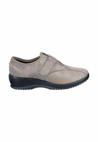 Beige suede shoe with a textured mesh panel, elastic strap, and a black rubber sole, featuring a subtle rounded design and low heel.