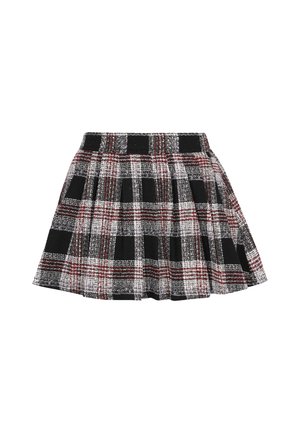 Fustă în carouri, în culorile negru, alb și roșu. Prezintă pliseuri, un talie înaltă și un material texturat, creând un efect de model stratificat.