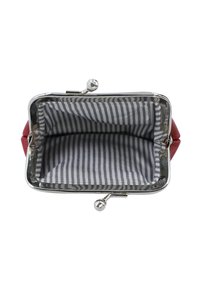 Punane rahakott metallklipe ja sileda pinnaga. Siseosa on halli ja valge triibulise kangaga vooderdatud. Kompaktne ruudukujuline kuju.