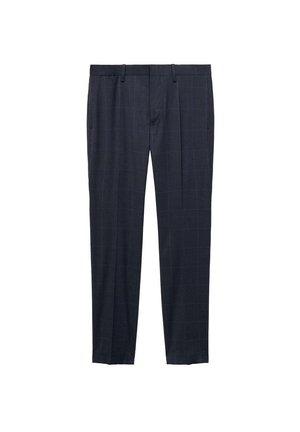 Granatowe spodni w kratę wykonane z lekkiej tkaniny. Posiadają tapered fit, boczne kieszenie oraz gładki pas z przodu.