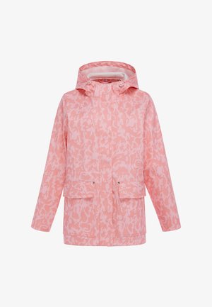 Rosa Regenjacke mit Kapuze und dezentem Tarnmuster, Frontklappentaschen und langen Ärmeln.