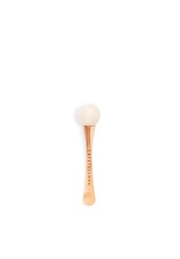Cucchiaio in metallo rosa con una punta rotonda di cristallo bianco testurizzato. Il manico presenta un testo in rilievo: "CRYSTALLOVE". Design semplice ed elegante.