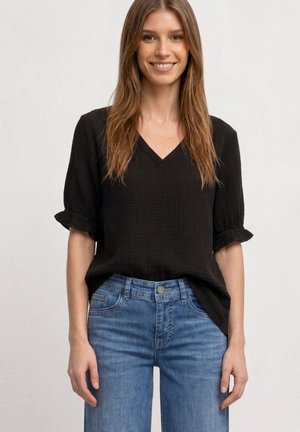 Street One, KURZARM BLUSE MIT V-NECK UND RÜSCHEN - Blouse - black