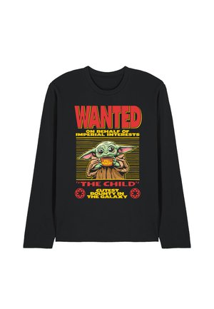 Black long-sleeve shirt with a "WANTED" poster design featuring Baby Yoda holding a bowl saying "Still Hungry" and text about a galaxy bounty.