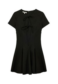 Schwarzes Kurzarmkleid mit tailliertem Oberteil, schwingendem Rock und einem Bindedetail am Ausschnitt. Weicher Stoff mit einem Reißverschluss am Rücken.