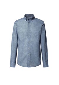 Camisa de botones azul con patrón, de manga larga, cuello estándar y una tapeta delantera con botones blancos; hecha de material suave.