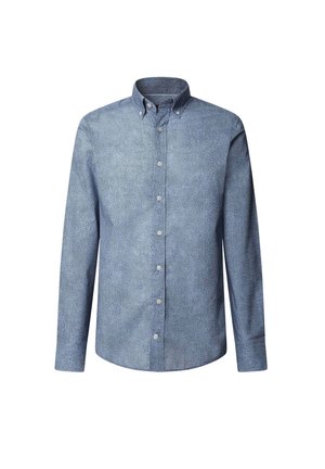 Blue patterned button-down shirt with long sleeves, standard collar, and a front placket featuring white buttons; made from soft material.