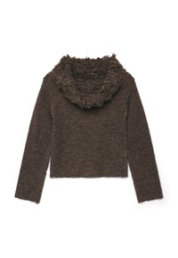 Brauner Strickpullover mit einem rüschierten, hohen Kragen und langen �Ärmeln. Weicher Stoff, verkürztes Design und eine Mischung aus dunklen und hellen braunen Fasern.