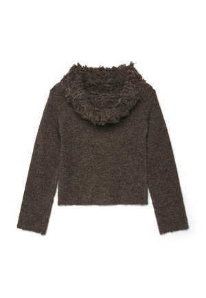 Brauner Strickpullover mit einem rüschierten, hohen Kragen und langen Ärmeln. Weicher Stoff, verkürztes Design und eine Mischung aus dunklen und hellen braunen Fasern.