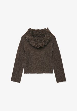 Maglione marrone a maglia con colletto alto arricciato e maniche lunghe. Morbido al tatto, design cropped e una miscela di fibre marroni scure e chiare.