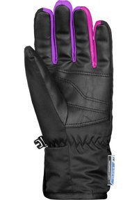 Guanto invernale nero con palmo e punte delle dita in pelle, di colore viola e rosa. Presenta una cintura con elastico e una fascia per una vestibilità sicura. Materiale impermeabile.