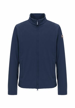 Tmavě modrá bunda na zip s límcem stojáčkem, dlouhými rukávy, bočními kapsami a malou kulatou nášivkou s logem na levém rukávu.