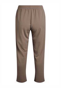 Pantaloni cropped marroni con cintura elastica, texture liscia e senza tasche visibili, progettati per un uso casual.