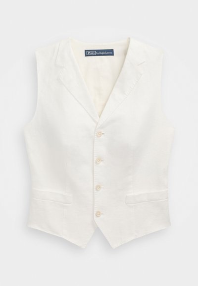 Baltos lino liemenės su prigludusia forma, dekoruotos įpjovimu kaklu, penkių mygtukų užsegimu ir dviem priekinėmis kišenėmis. Paprasto audinio, be raštų.