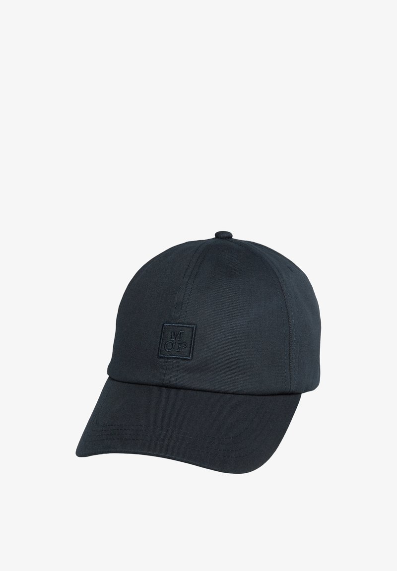 Black baseball cap made of textured fabric, featuring a stitched logo patch on the front, curved visor, and adjustable back strap.