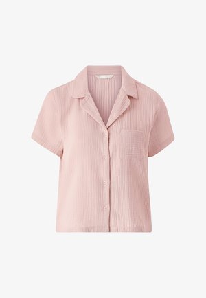 Korte mouw, knoopsluiting overhemd van getextureerde, lichte stof in zachtroze. Heeft een borstzak en een klassieke kraag.