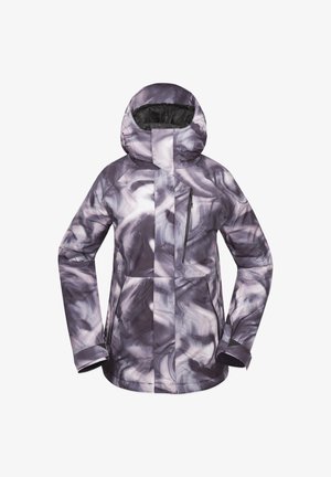 Veste isolante marbrée violette et blanche avec un col haut, une capuche, une poche zippée sur la poitrine et des poches latérales ; texture lisse et matériau résistant aux intempéries.