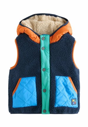 Marineblå fleecevest uden ærmer med orange kant, quiltede blå lommer, mintgrøn trykknaplukning og hætte foret med orange og beige sherpa-indvendig.