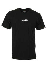Camiseta de algodón negra con mangas cortas, cuello redondo, que presenta un logo blanco de "ellesse" en el pecho y un pequeño logo en la manga.