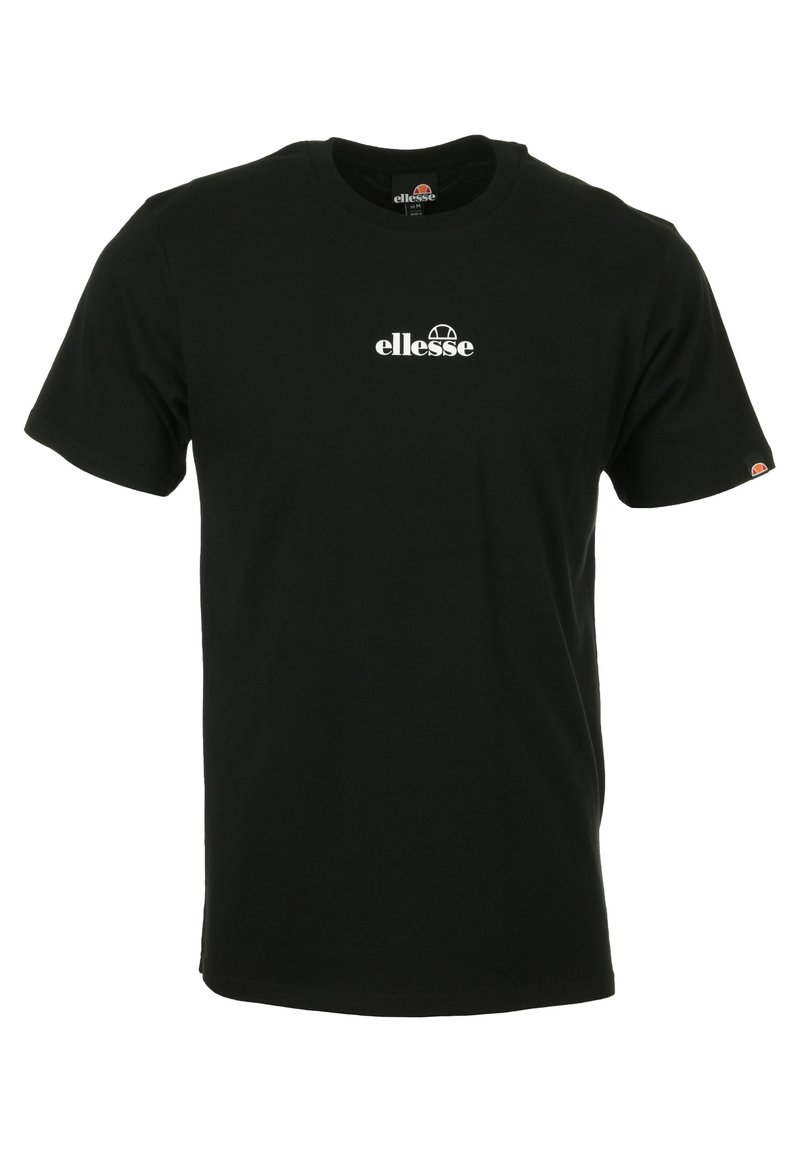 Camiseta de algodón negra con mangas cortas, cuello redondo, que presenta un logo blanco de "ellesse" en el pecho y un pequeño logo en la manga.