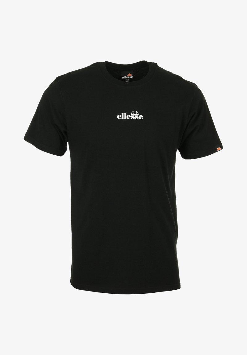 Camiseta de algodón negra con mangas cortas, cuello redondo, que presenta un logo blanco de "ellesse" en el pecho y un pequeño logo en la manga.