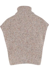 Beige kudumantli ponšo, millel on kõrge krae, struktuurne tekstuur ja peened mitmevärvilised laigud kangas.