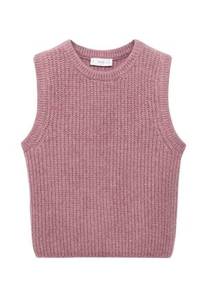 Pull en tricot rose sans manches avec une texture en côtes, un col rond et des bords nets. Design robuste et coupe décontractée.