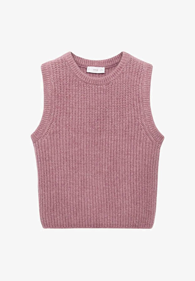 Pulover tricotat fără mâneci, roz, cu textură ribbată, decolteu rotund și margini curate. Design solid și relaxat.