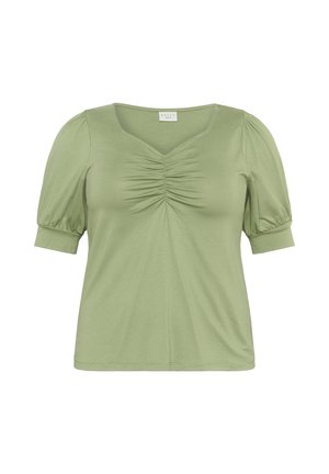 Top corto verde oliva a maniche corte con scollo a V e dettagli arricciati al centro. Tessuto morbido e leggero con una vestibilità rilassata.