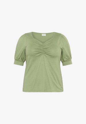 Top corto verde oliva a maniche corte con scollo a V e dettagli arricciati al centro. Tessuto morbido e leggero con una vestibilità rilassata.