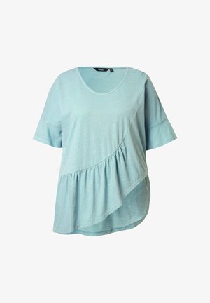 Lichtblauw korte mouwen top van zacht, gestructureerd materiaal; heeft een ronde hals, asymmetrische zoom en plooidetail in de taille.