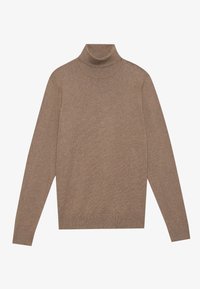 Jersey de cuello tortuga en marrón, hecho de material tricotado suave. Presenta mangas largas, puños acanalados y un ajuste entallado con un diseño minimalista.