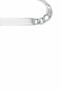 Silverfärgad kedjesmycke med en platt rektangul�är tagg, polerad yta, sammanflätade länkar och en slät textur.