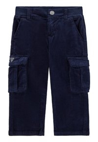 Pantaloni cargo in corduroy blu navy con due tasche laterali e due tasche cargo. Presentano una vita a coste e una patch con logo sulla tasca sinistra.